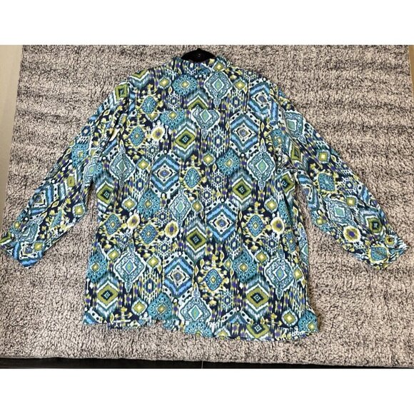 Susan Graver 3X Blue Green Geometric Tile Button Up Shirt Blouse Long Sleeve‎ - Picture 2 of 7